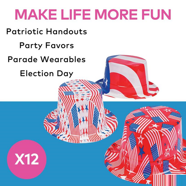 24" Patriotic Red, White, & Blue American Flag Plastic Hats - 12 Pc.