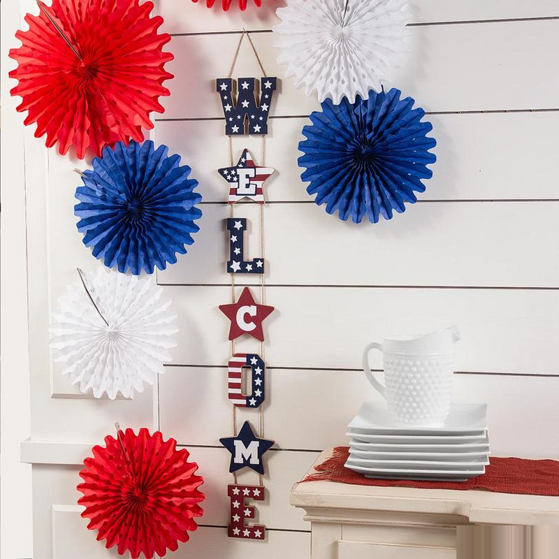 Patriotic vertical wooden welcome sign for 4th of July