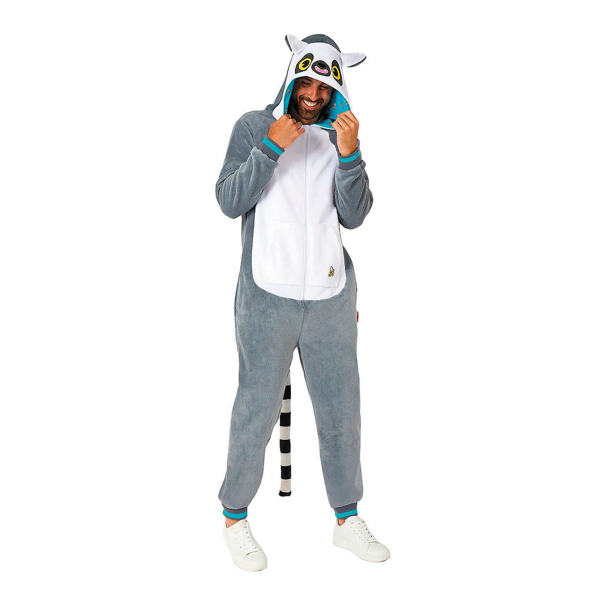 Cozy Adults Lemur Hooded Onesie Costume for Halloween Themed Parties and Animal Dress Up Events