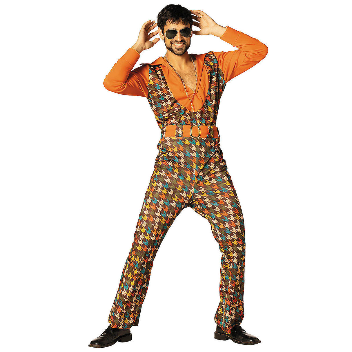 Stylish Adults Swaggertown Orange Houndstooth Pantsuit for Funny Costume Parties and Events