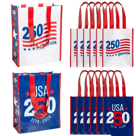 9" x 11" Medium Patriotic America 250th Anniversary Laminated Shopper Tote Bags 12 Pc.