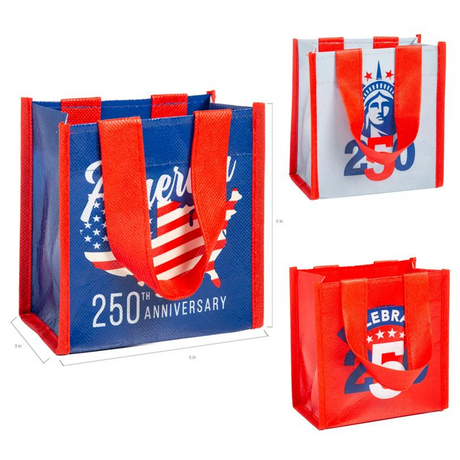 5" x 5" Mini Patriotic America 250th Anniversary Laminated Shopper Tote Bags 12 Pc.