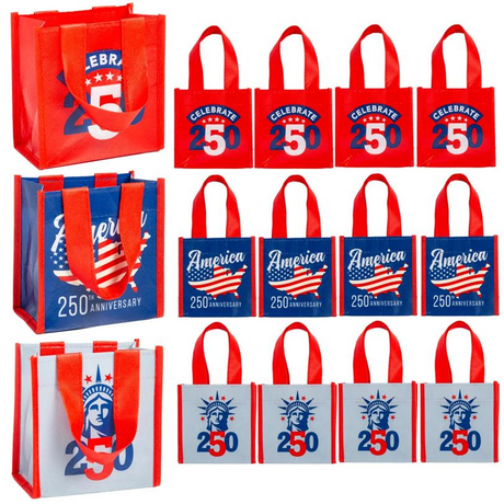 5" x 5" Mini Patriotic America 250th Anniversary Laminated Shopper Tote Bags 12 Pc.