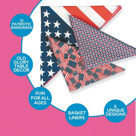 20" Patriotic Stars & Stripes Polyester Bandana Assortment 12 Pc.