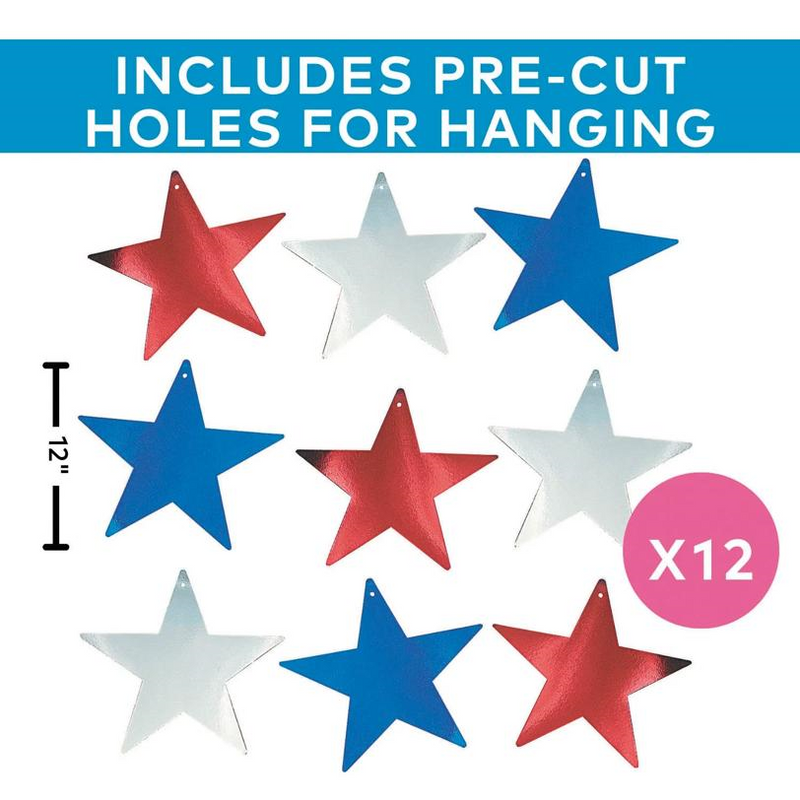 12" Patriotic Bright Metallic Color Cardboard Stars - 12 Pc.