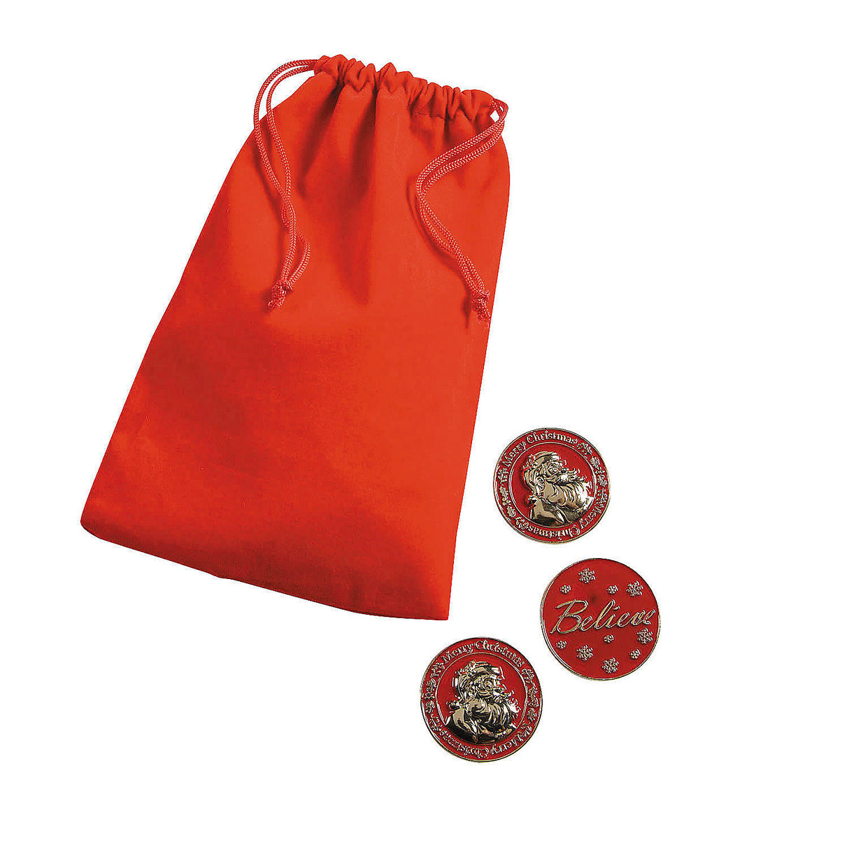 Festive 1 1/4 inch Red Santa Believe Metal Coins with Velvet Bag for Holiday Celebrations Party Favors and Stocking Stuffers