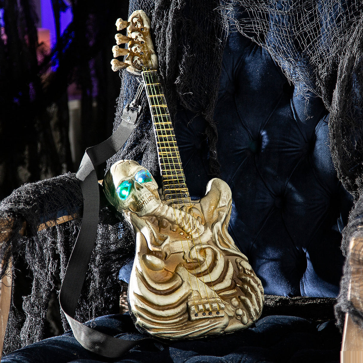 Light-Up Ukulele-Shaped Plastic Skeleton Decoration for Spooky Halloween Parties and Themed Events