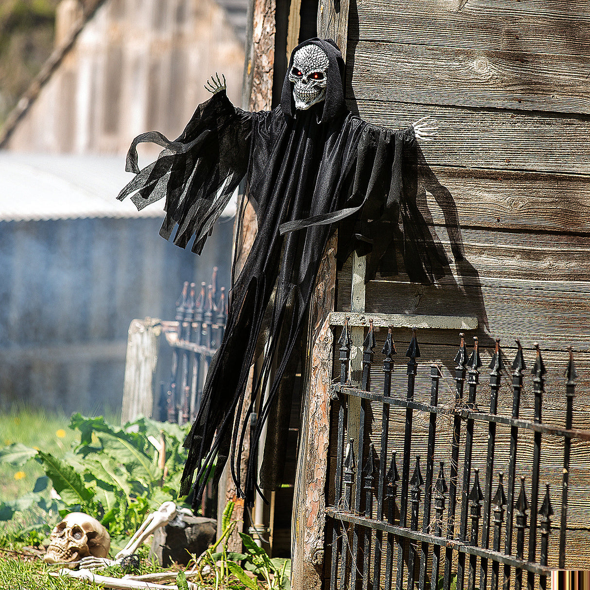 Creepy 4 Ft Hanging Animated Black Skeleton Reaper for Halloween Haunt Decor and Scary Parties