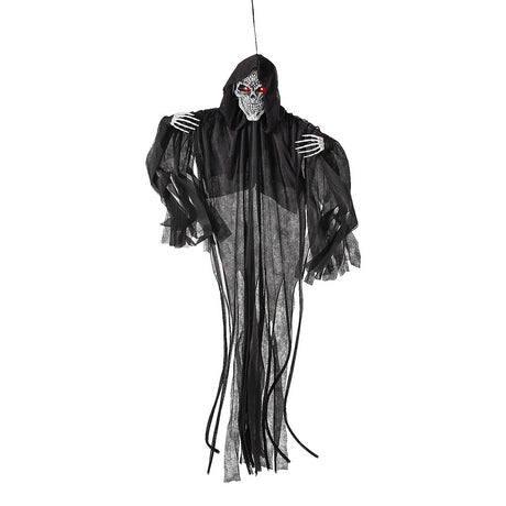Creepy 4 Ft Hanging Animated Black Skeleton Reaper for Halloween Haunt Decor and Scary Parties