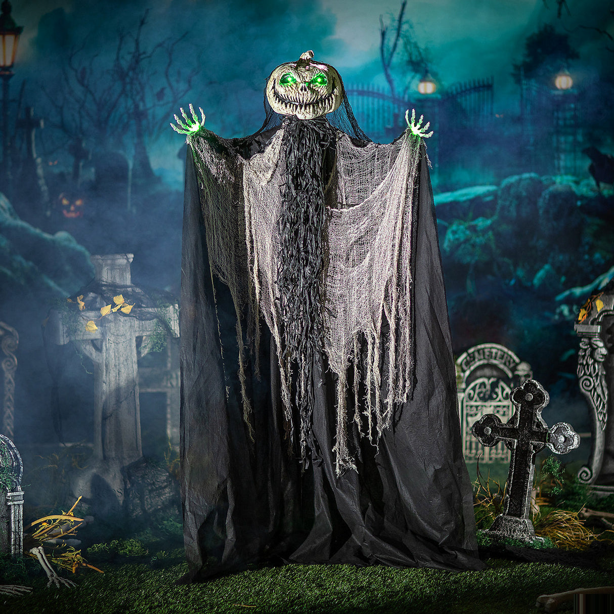 Light-Up Green Pumpkin Man Halloween Decoration for Spooky Parties and Haunted House Events