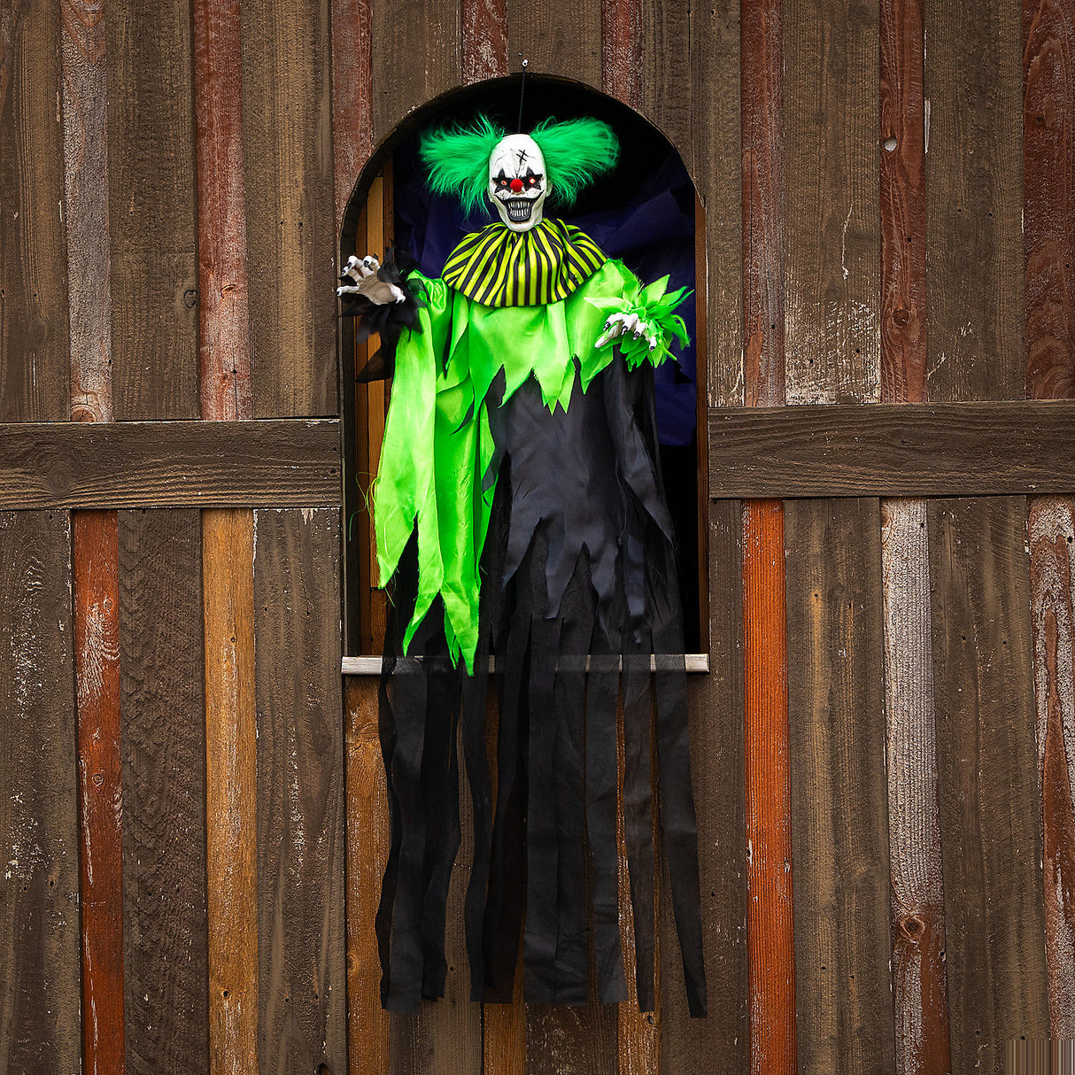 Terrifying Hanging Animated Green and Black Clown Decoration for Halloween Spooky Events and Haunted Houses