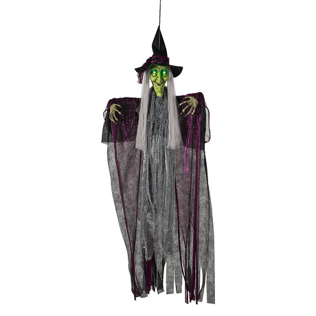 Hanging Animated Witch with Green Eyes Halloween Decoration 4 Ft.