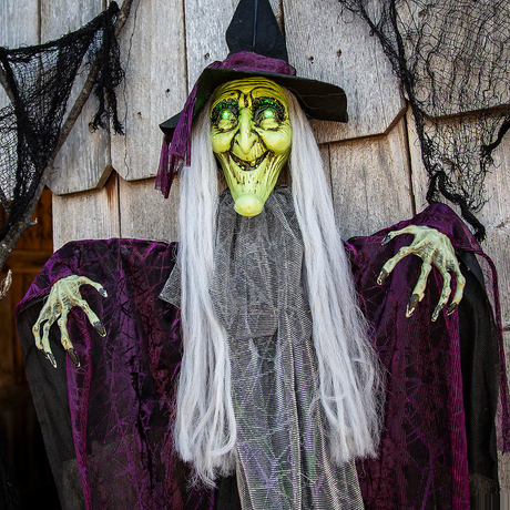Hanging Animated Witch with Green Eyes Halloween Decoration 4 Ft.
