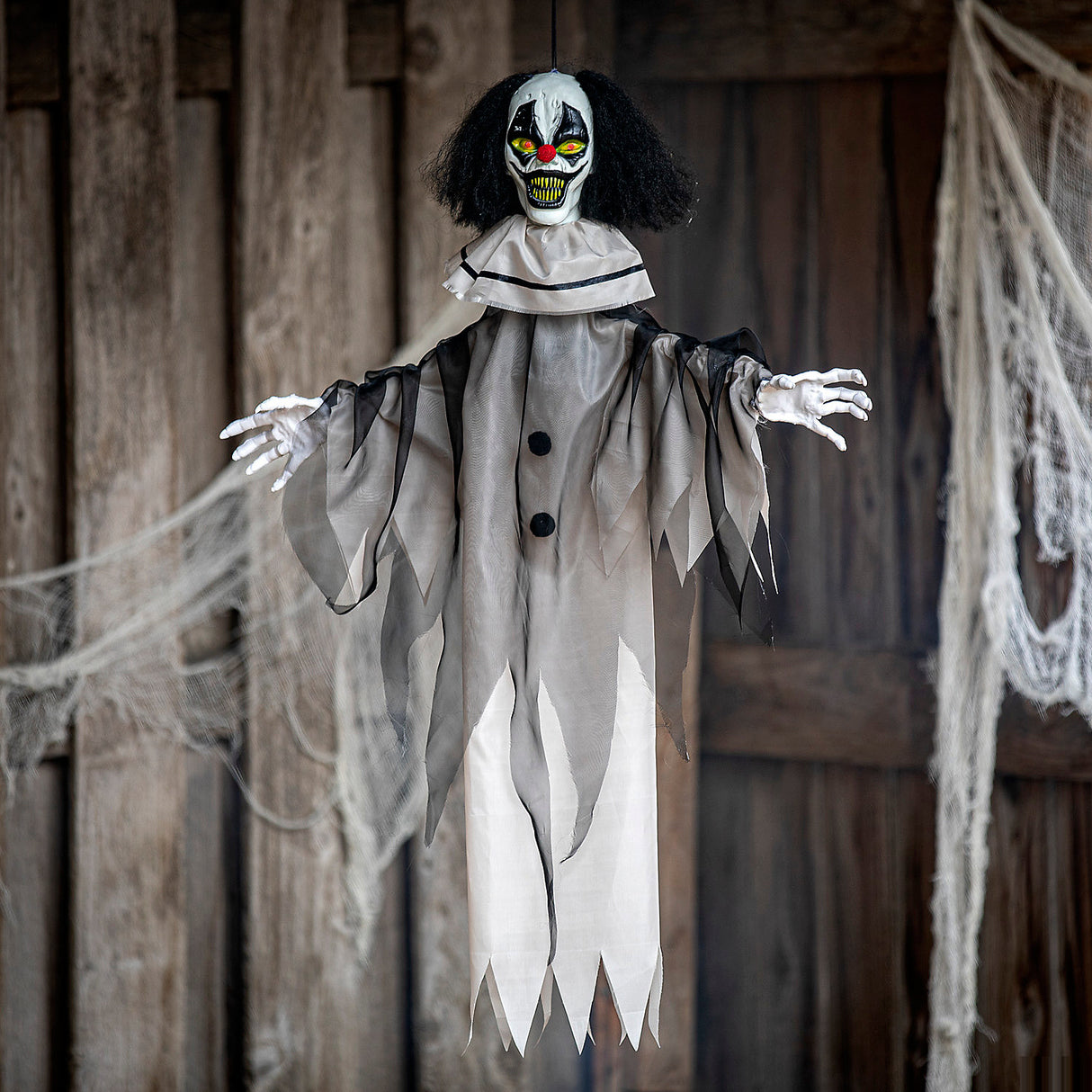 Creepy Hanging Animated Black & White Clown Decoration for Halloween Displays and Spooky Events