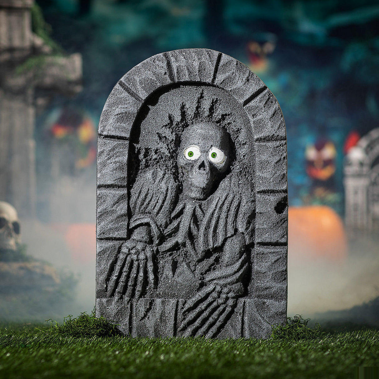 Spooky Gray Foam Skeleton Tombstone with Moving Eyes for Halloween Decor Parties and Haunted Attractions
