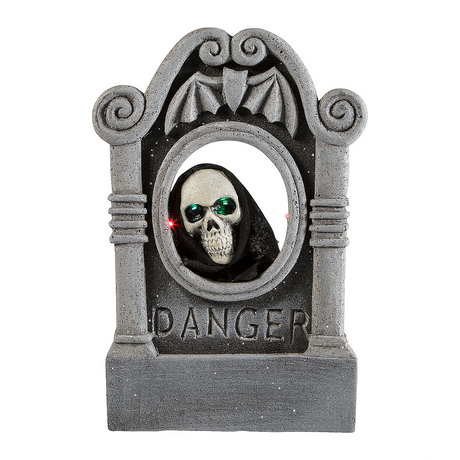 Gray Tombstone with Light-Up Moving Skeleton Head Halloween Decoration, 22"