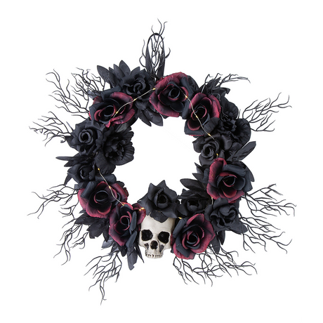 Light-Up Dead Roses &amp; Skull Halloween Wreath – 23 1/2"