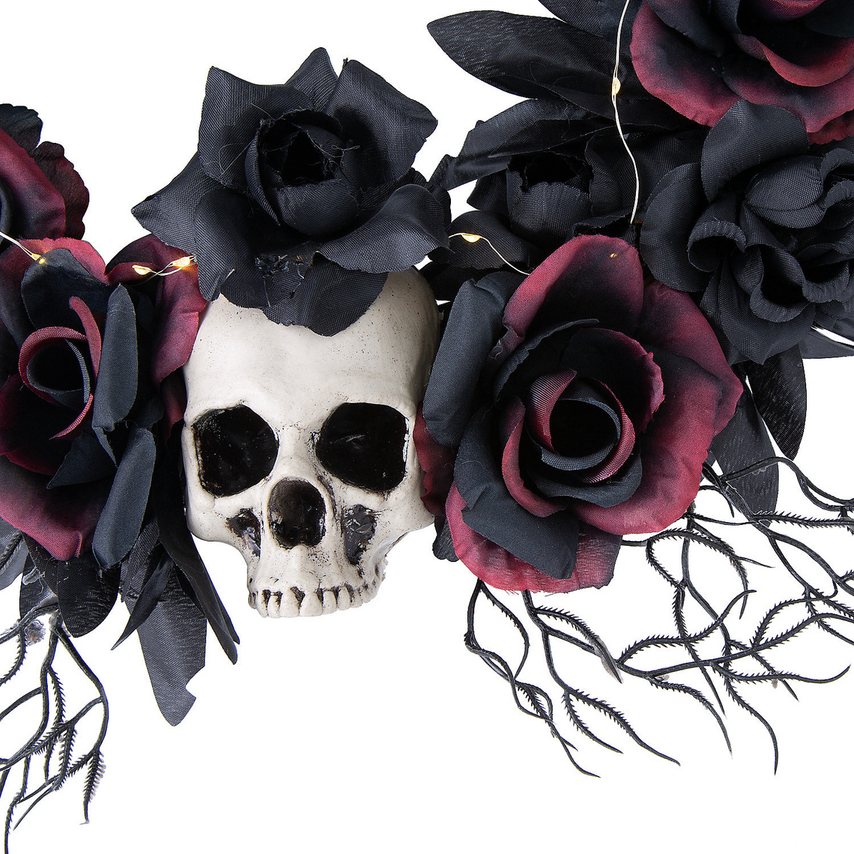 Light-Up Dead Roses & Skull Halloween Wreath