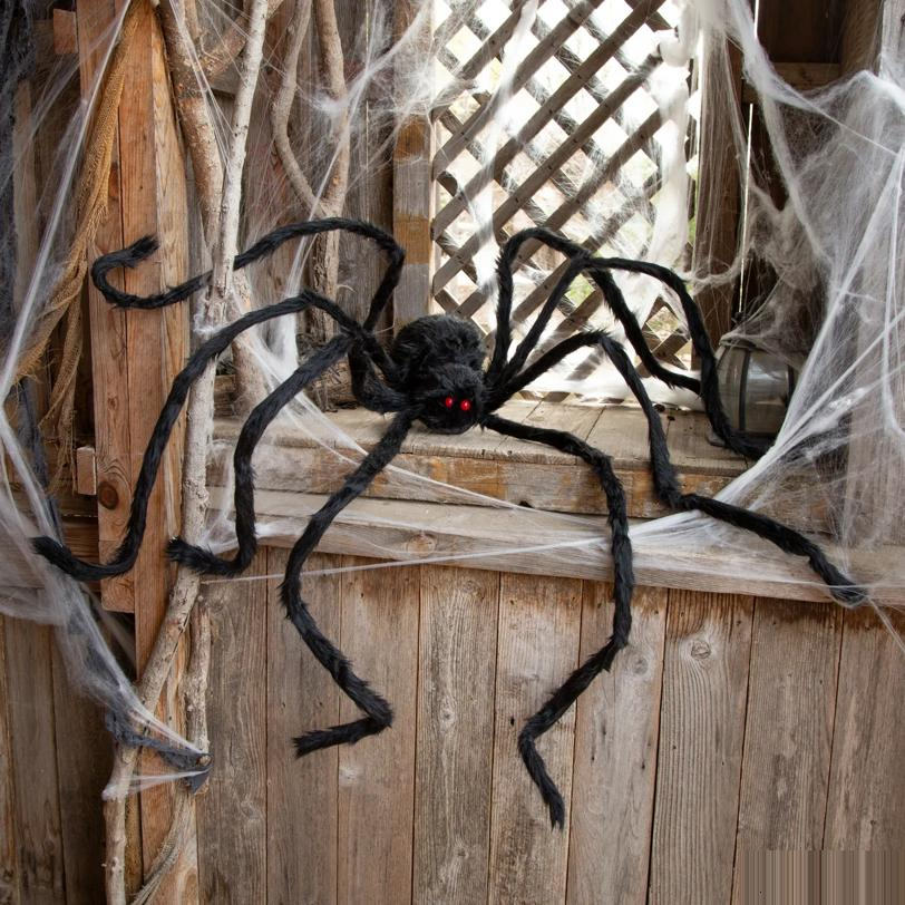 Large Poseable Hairy Black Spider Halloween Decoration 98 1/2"