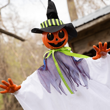 Animated Smiling Pumpkin Scarecrow Hanging Halloween Decoration 47 1/4"