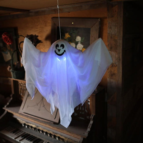 Light-Up Smiling Ghost Halloween Hanging Decoration, 19 3/4 x 20 3/4"