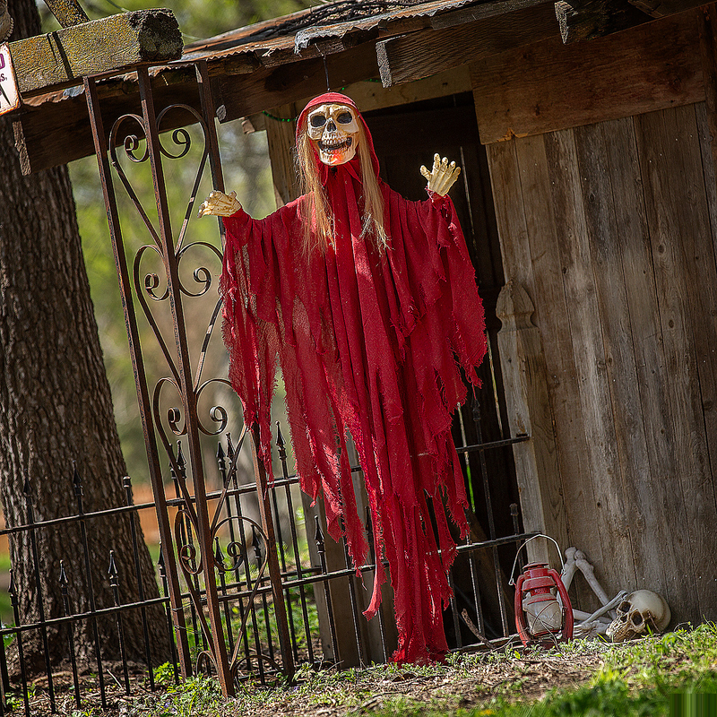 Light-Up Skeletal Reaper in Red Robes for Halloween Parties Spooky Decor Outdoor and Indoor Use