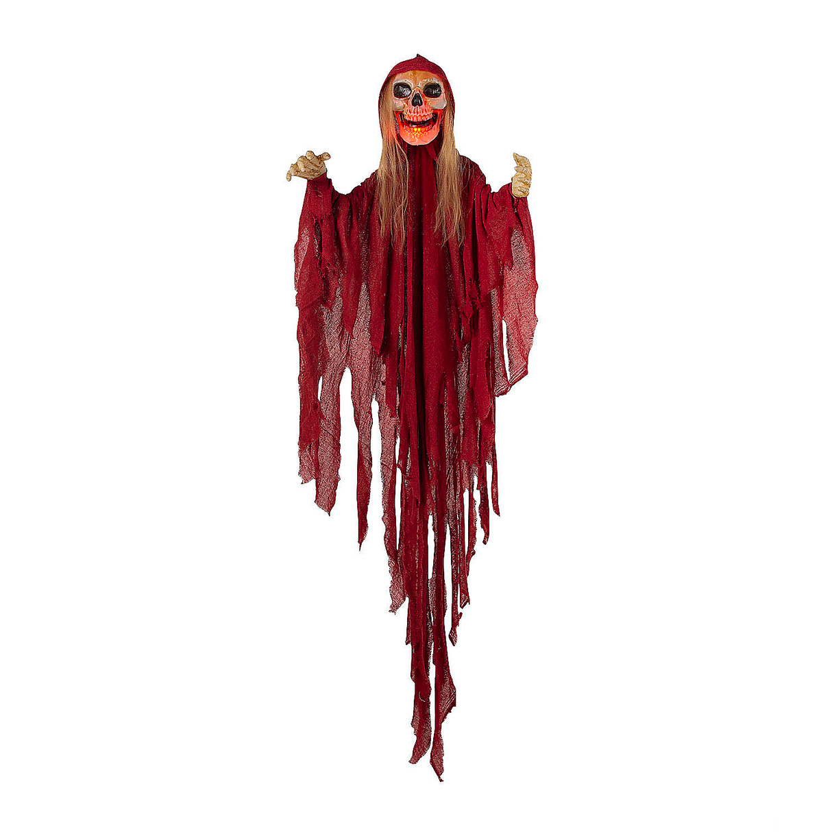 Light-Up Skeletal Reaper in Red Robes Halloween Hanging Decoration 66 3/4"