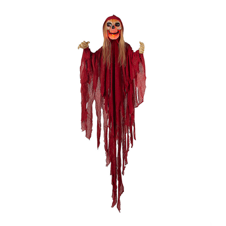 Light-Up Skeletal Reaper in Red Robes Halloween Hanging Decoration 66 3/4"