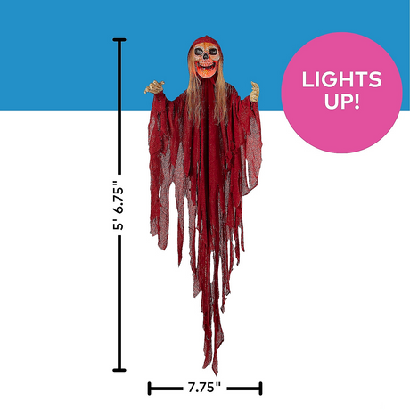 Light-Up Skeletal Reaper in Red Robes Halloween Hanging Decoration 66 3/4"