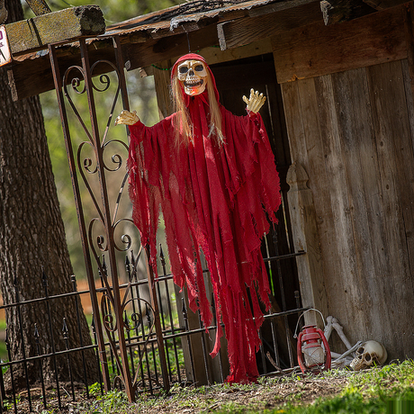Light-Up Skeletal Reaper in Red Robes Halloween Hanging Decoration 66 3/4"
