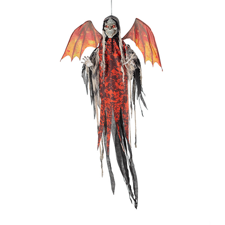 Animated & Light-Up Red Skeletal Reaper with Wings Hanging Decoration 60 1/4"