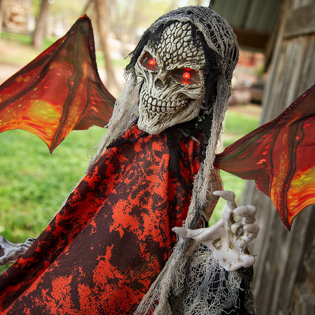 Animated & Light-Up Red Skeletal Reaper with Wings Hanging Decoration 60 1/4"