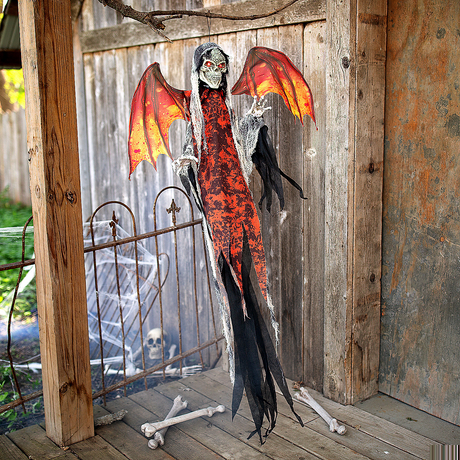 Animated & Light-Up Red Skeletal Reaper with Wings Hanging Decoration 60 1/4"