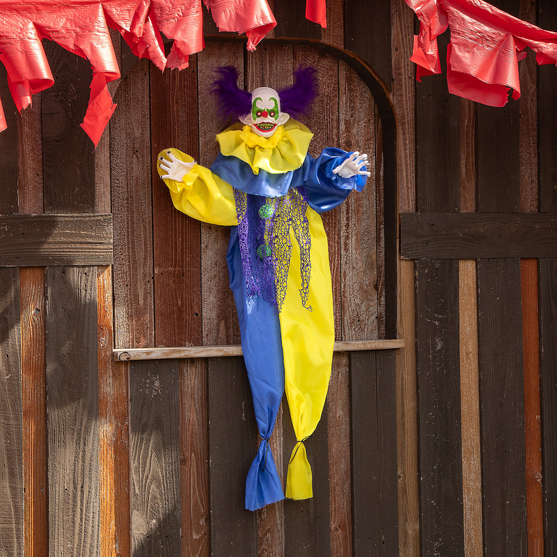Animated Light-Up Shaking Clown - 47 1/4" Hanging Halloween Decoration product image showing the design and