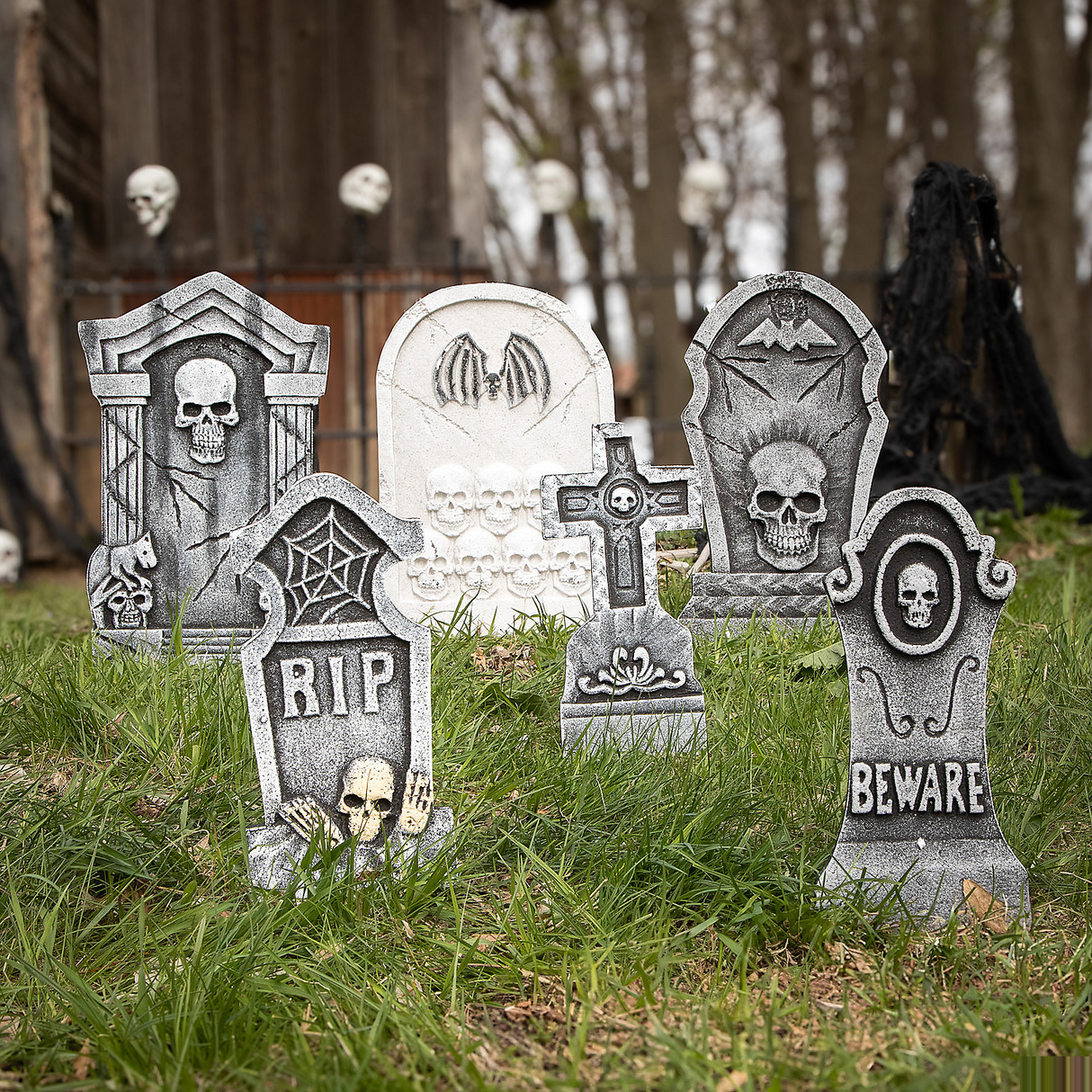 Bat & Skull Foam Tombstone Halloween Decorations Set – 6 Pieces