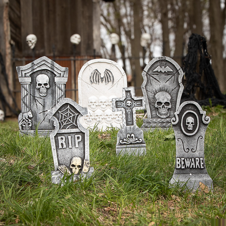 Bat & Skull Foam Tombstone Halloween Decorations Set 6 Pc.