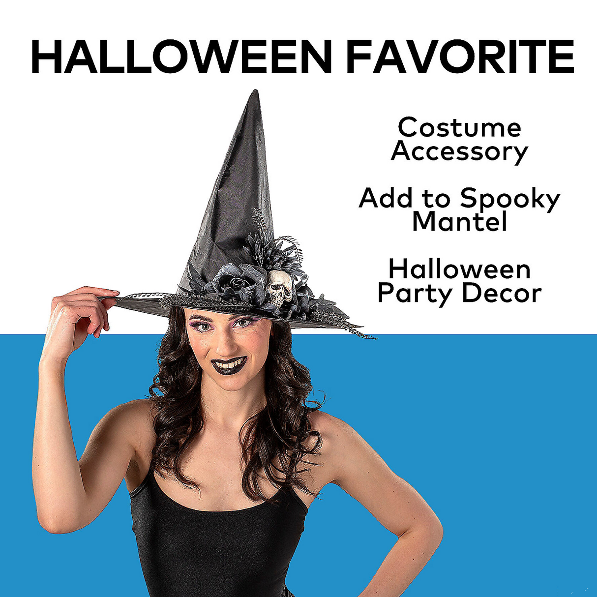 Black Flowers & Skull Polyester Witch Hat Costume Accessory, 17 1/2" x 14 3/4"