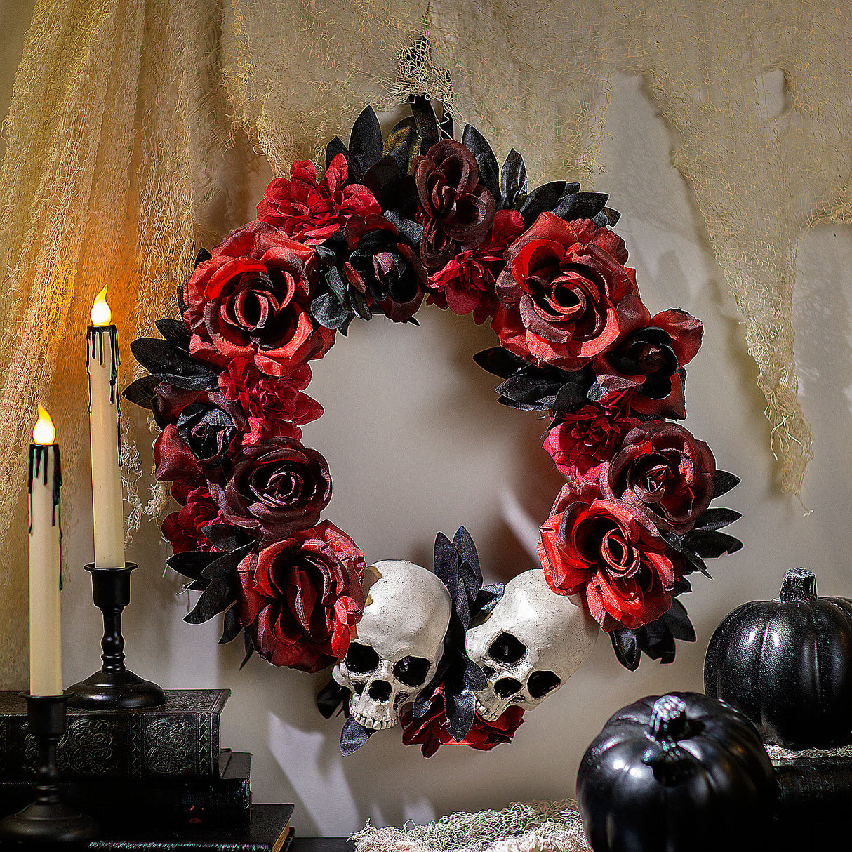 Dazzling Red and Black Flower Wreath with Skulls for Halloween Spooky Decor and Haunted Celebrations