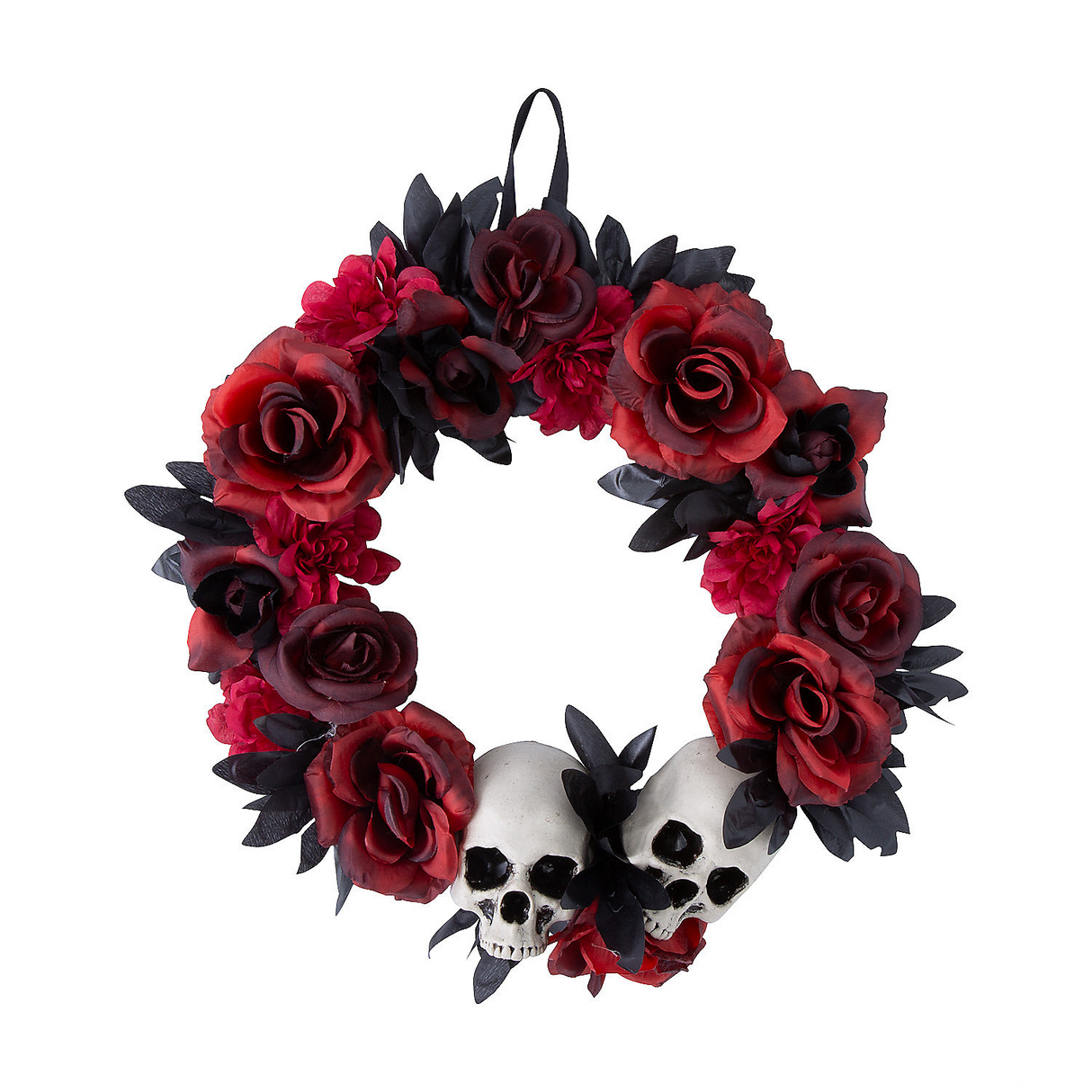 Red & Black Flower Wreath with Skulls Halloween Decoration, 16 3/4" x 3 1/2"