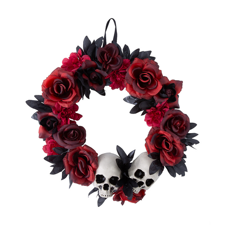 Red & Black Flower Wreath with Skulls Halloween Decoration, 16 3/4" x 3 1/2"