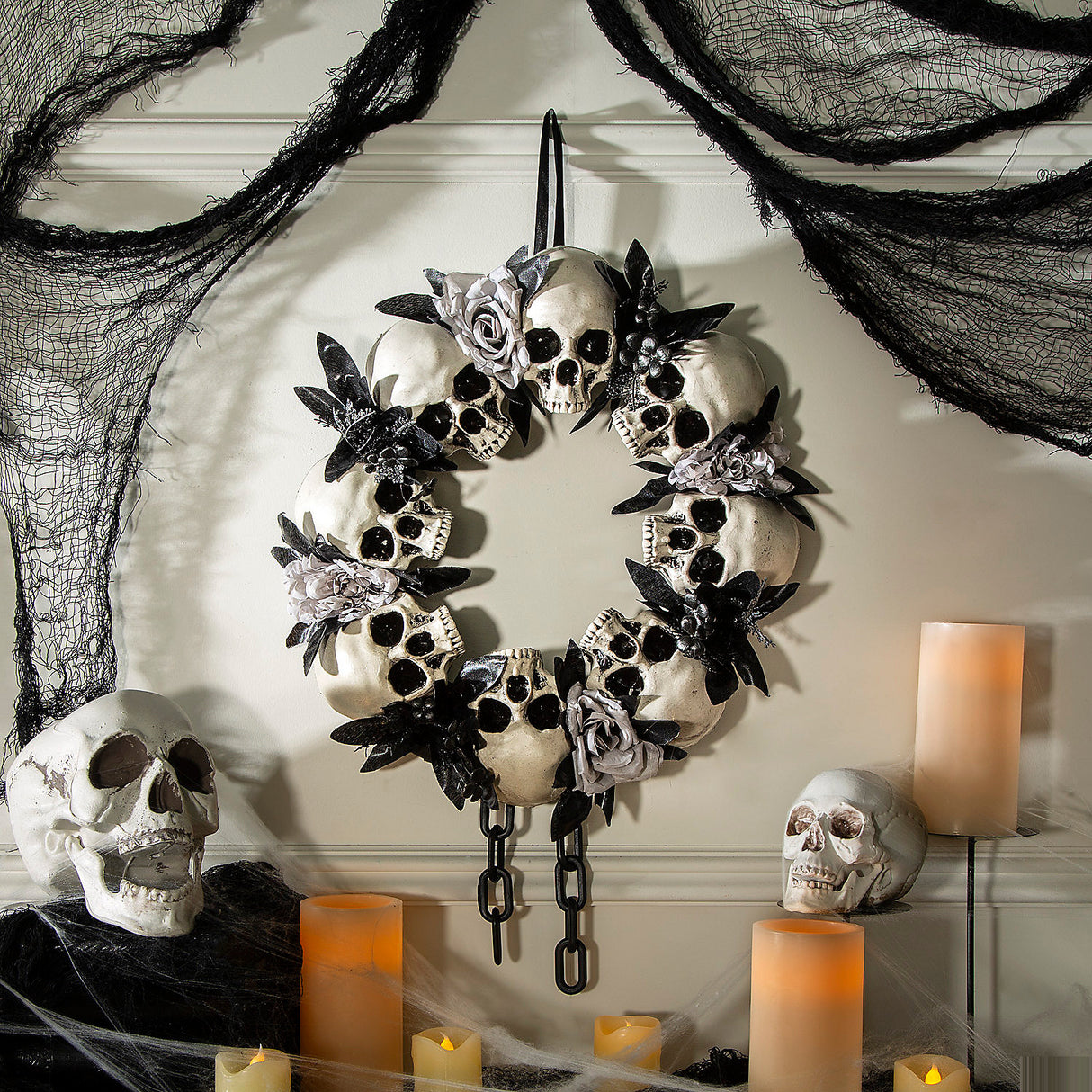 Elegant Skulls and White Roses Wreath for Halloween Decor and Spooky Season Celebrations