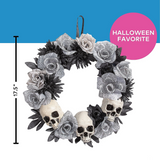 White Roses Wreath with Skulls Halloween Decoration, 17 1/2" x 17 1/2"