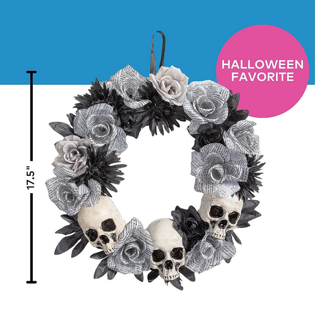 White Roses Wreath with Skulls Halloween Decoration, 17 1/2" x 17 1/2"