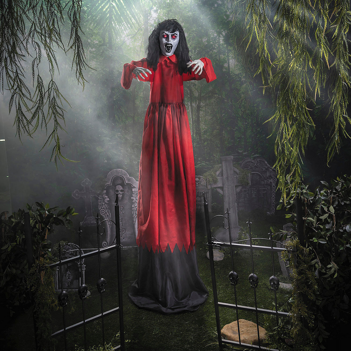 5 Ft. 10 3/4" Animated Standing Up & Down Lady in a Red Dress Halloween Decoration