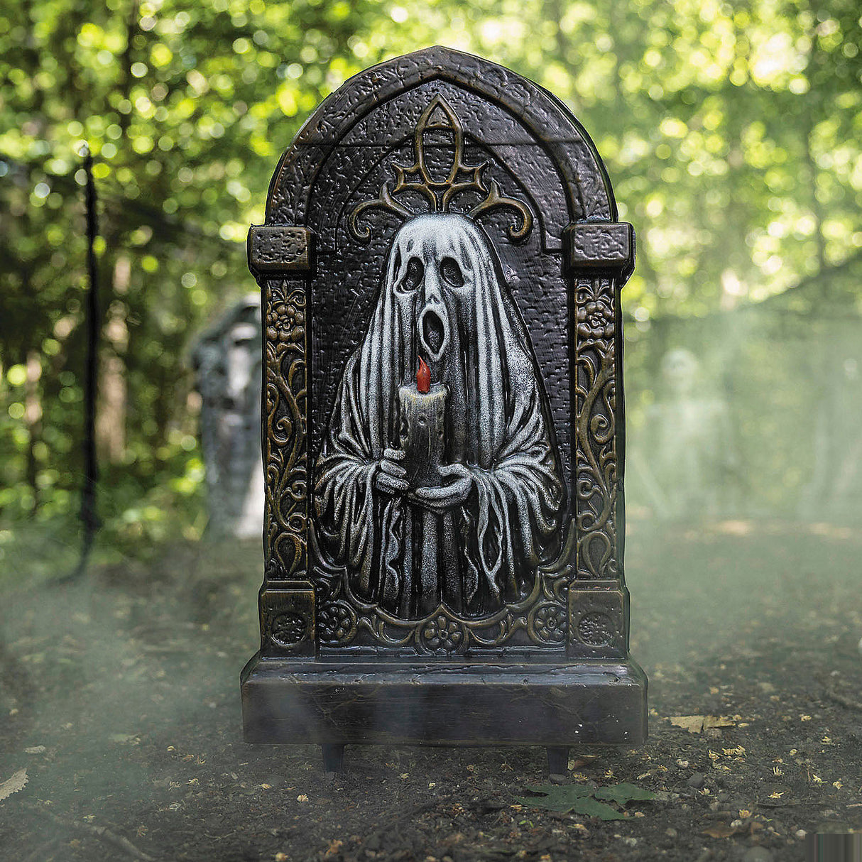 Spooky 21 Inch Tombstone with Ghost Holding Candle for Halloween Decor Front Yard Displays