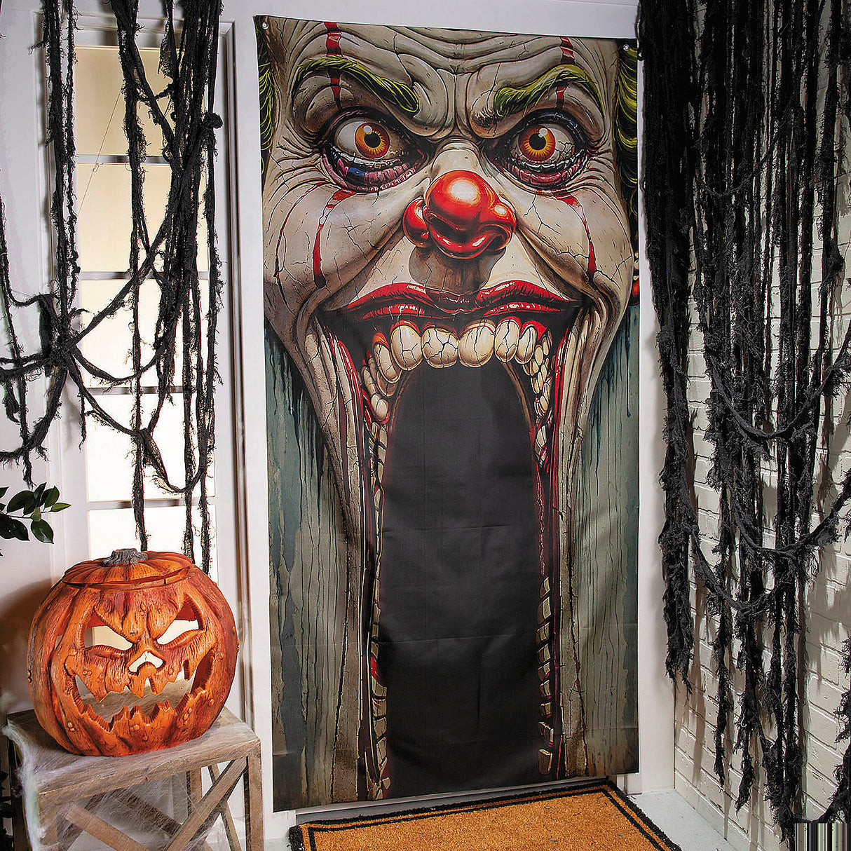 Spooky Carnival Clown Face Door Curtain for Halloween Parties Haunted House and Festive Decor