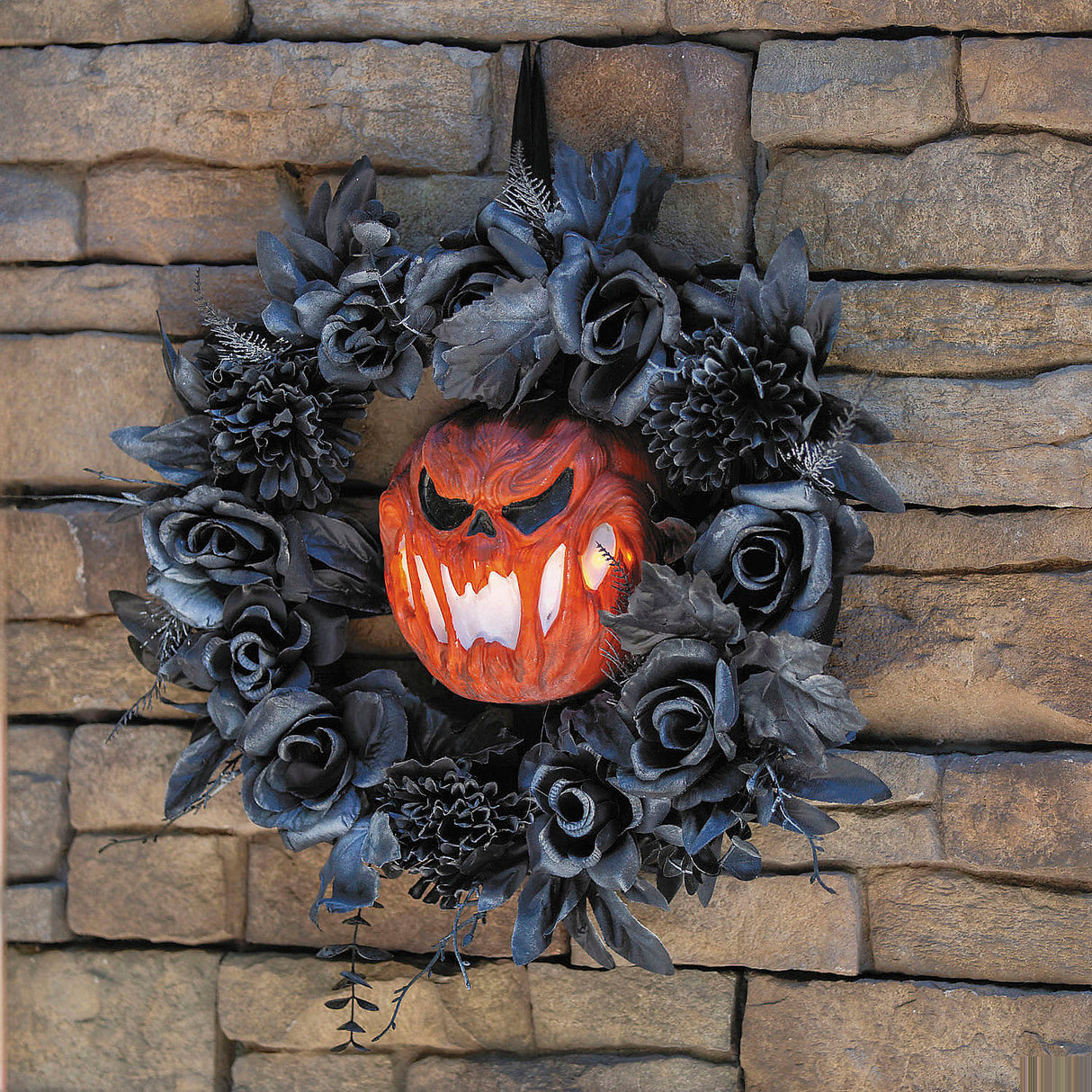 Decorative 17 1/4 Inch Black Floral Wreath with Light-Up Pumpkin for Halloween Events and Festive Decorations