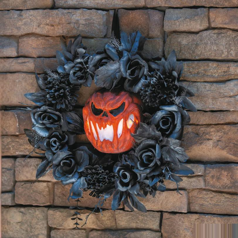 17 1/4" Black Floral Wreath with Light-Up Pumpkin Halloween Decoration