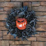 17 1/4" Black Floral Wreath with Light-Up Pumpkin Halloween Decoration