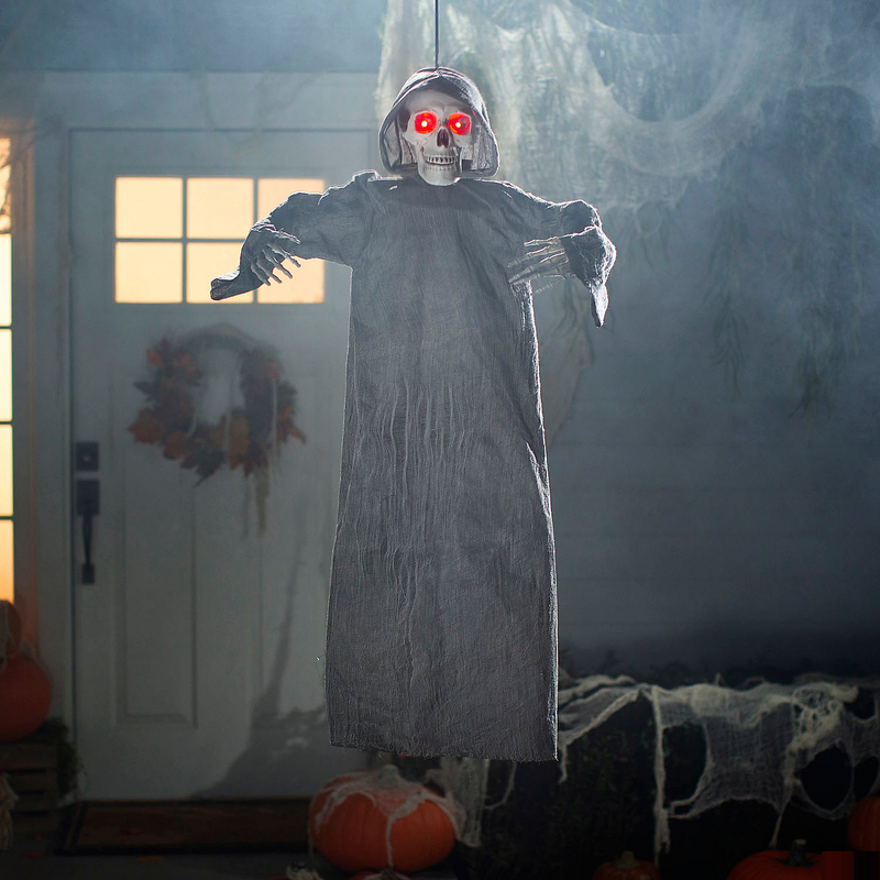 Thrilling 4 Ft. Hanging Gray Skeleton Reaper Halloween Decoration for Spooky Displays and Haunted Events